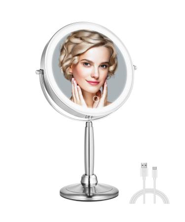 MIRRORMORE 9 Large Lighted Makeup Mirror with 3 Color LED Dimmable Lighting  1X/10X Rechargeable Magnifying Mirror with Light  360  Rotation Touch Screen Vanity Mirror Detachable  Senior Pearl Nickel