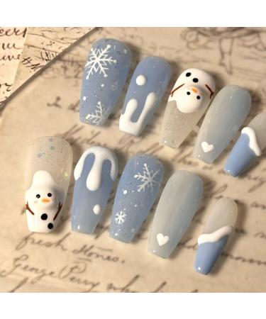 Christmas nail art handcrafted wearing armor blue snowman fresh and cute detachable phototherapy nail patch 10pcs (Size : M)
