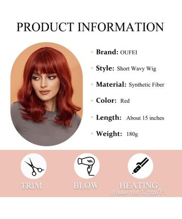 OUFEI Red Bob Wig with Bangs for Women Short Wavy Natural Synthetic Hair Heat Resistant Wigs Cosplay Daily Party Use Red(8134-1) - Buy Online on GoSupps.com