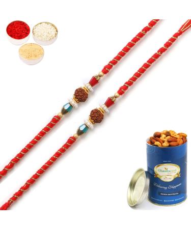 Ghasitaram Gifts Rakhi for Brother Rakhis Online Set of 2 - L-1 Rudraksh Rakhi with 100 GMS of Dryfruits Mix Can 2 Rakhi with 100 gms of Dryfruits Mix Can
