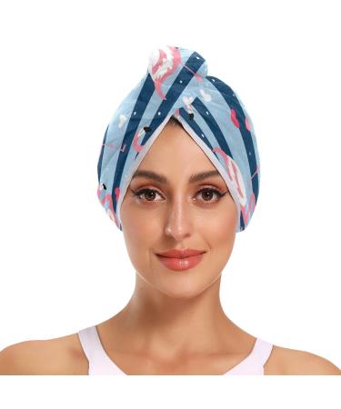 Flamingo Striped Hair Towel 2 Pack Super Absorbent Hair Drying Towel Quick Dry Hair Turbans Head Towel with Button Twisty Wrap for Women Girls