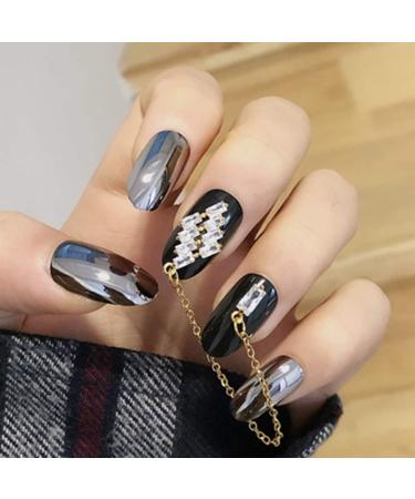 Sethexy shiny black fingers fingernails reflection magic mirror chic rhinestone gold chain oval complete cover acrylic 24 pieces wrong nails for women and girls