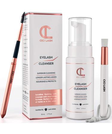 Lash Shampoo Foaming Cleanser & Brush (50ml) | Gentle Foam Wash For Eyelash Extensions | Paraben & Sulfate Free | Eyelid Wash & Makeup/Oil Remover | For Home Care & Beauty Salon Supplies 1.7 Fl Oz (Pack of 1)