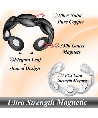 Vicmag 2PCS Copper Rings for Women | Ultra Strength Magnetic | Adjustable Pure Copper | Gift Box Included (Leaf Black & Silver) - Buy Online on GoSupps.com