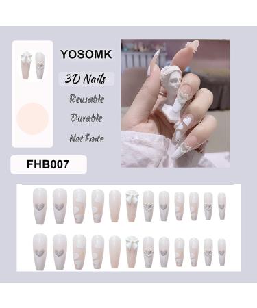 YOSOMK 3D White Pearl Heart Press on Nails - Cute Designs for Women & Girls | Long Glossy False Nails with Glue | Acrylic Nail Tips - Buy Online on GoSupps.com
