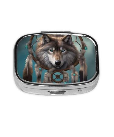 3D Wolf Dream Catcher Print Pill Box 3 Compartment Small Pill Case Portable Pill Box for Pocket or Purse Cute Medicine Organizer Holder to Hold Vitamins Medication