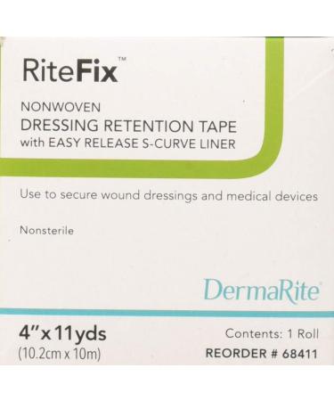 RiteFix Non-Woven Dressing Retention Tape - 4 x 11 yds - with Easy Release S-Curve Liner for Convenient Application  Moisture and Air Permeable  Hypoallergenic Adhesive  Non Sterile  Latex Free