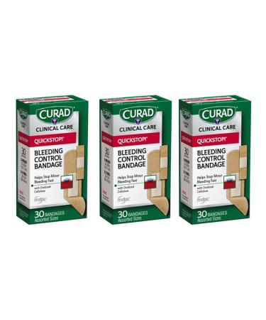 Curad Quickstop Flex-Fabric Bandages Quickstop Bleeding Control Technology Assorted Sizes 30 Count (Pack of 3)
