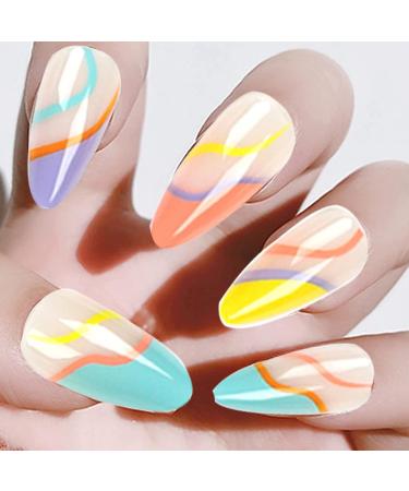 Luvadeyo 24 PCs Almond Press-On Nails | Rainbow Acrylic Fake Nails with Glue for Women & Girls - Buy Online on GoSupps.com