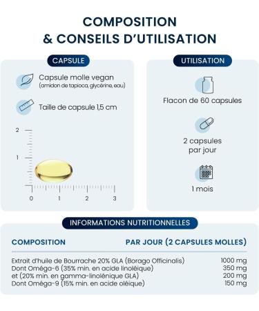 Borage Oil - 60 Capsules 500 mg - Rich in Omega 6 & 9-1 Months - Vegan - For Skin Hair Joints and Wellness - Organic Cold Pressed Seeds Made in France - Dynveo - Buy Online on GoSupps.com