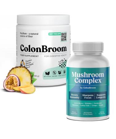 ColonBroom Psyllium Husk Powder (Tropical Fruits 50 Servings) + Mushroom Complex Powerful Mushroom Blend with Cordyceps Reishi Shiitake Lion s Mane Extract for Energy Immunity (60 Capsules)