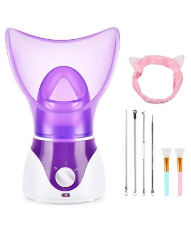 Facial Steamer for Face, Face Steamer for Facial Deep Cleaning, Nano Ionic Facial Steamer for Unclogs Pores, Hydrating (Purple, Include Blackhead Remover Kit, Brush, Headband) 8 Piece Set
