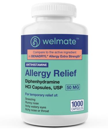 WELMATE Allergy Relief - Diphenhydramine 50 mg Capsules (1000 Count) | Non-Drowsy Antihistamine for Sneezing Runny Nose Itchy Eyes & Throat Relief - International Shipping Available - Buy Online on GoSupps.com