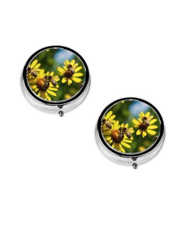 Bees and Flower Printed Mini Round Pill Box Pill Box 3 Compartment Medicine Pill Case Pill Organizer Travel Pillbox Portable Pill Box for Pocket Home Office Use