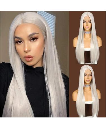 Sapphire Wigs Platinum gray long straight wig for women lace front wig with midrange Japanese synthetic wig 150% density heat -resistant 24inch platinum blond t part - Buy Online on GoSupps.com