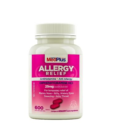 MedPlus Allergy Relief Medicine 25 mg 600 Tablets | Diphenhydramine Hcl | Antihistamine | Relief for Indoor & Outdoor Allergies Pink