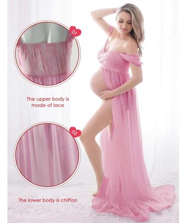 Feoya Pink Maternity Chiffon Lace Strapless Dress - Split Front Gown for Pregnancy Photoshoots | Full Length Maternity Photography Dress - Buy Online on GoSupps.com
