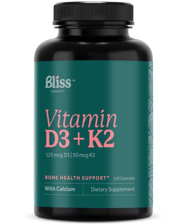 Bliss Serenity Vitamin D3 K2 - Vitamin D3 5000 IU with Vitamin K2 as MK-7 Calcium and Phosphorus for Ultimate Absorption - Vitamin D Supplements 120 Vegcaps 120 Day Supply