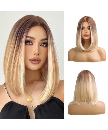 OUFEI 14 Inches Short Straight Blonde Bob Wig for Women Natural Synthetic Hair Ombre Wigs with Brown Roots Cosplay Daily Party Use Ombre Blonde