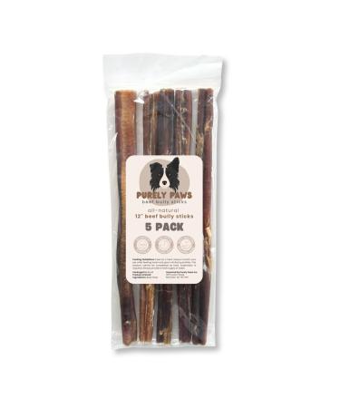 Purely Paws All-Natural Beef Bully Sticks - Safe Digestible Dog Chews - Long-Lasting Low-Odour Rawhide Free - (12" 5 Count) 12" (Pack of 5)