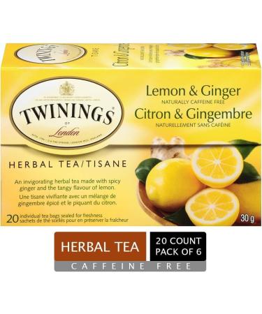 Twinings Lemon & Ginger Herbal Individually Wrapped Tea Bags | Naturally Caffeine-Free | 20 Count (Pack of 6) | Enjoy Hot or Iced Lemon and Ginger 20 Count (Pack of 6) - Buy Online on GoSupps.com