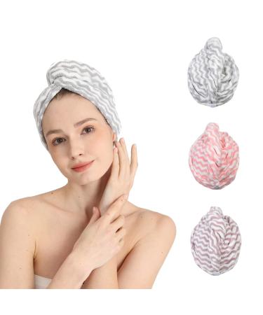 Good Nite 3 Pack Microfibre Hair Drying Towel Wrap Super Absorbent Twist with Buttons Dry Hair Turbans for Women Girl Wet Hair 65 x 25cm Small Stripes