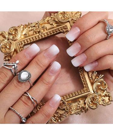 Bomine Ombre White Press on Fake Nails - 24Pcs Short Square Glossy Acrylic Full Cover Tips for Women and Girls - Buy Online on GoSupps.com