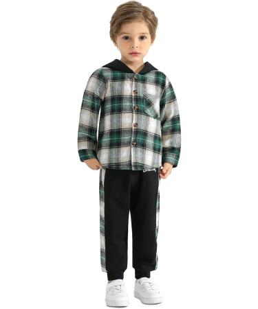 Naiyafly Toddler Boys Hoodie and Pants Set | Kids Long Sleeve Hooded Sweatshirt Outfit | Children's Button Down Tracksuit | Boys School Playsuit 5-6 Years Green Plaid - Buy Online on GoSupps.com