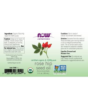 Now Foods Certified Organic Rose Hip Seed Oil 1 oz - 100% Pure, Natural Skincare - Buy Online on GoSupps.com
