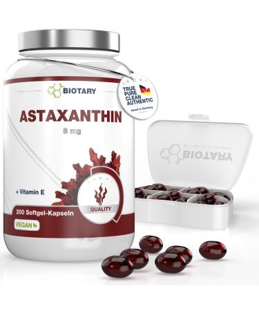Biotary Astaxanthin 8 mg 200 Vegetable Capsules. Vegan and natural with vitamin E pillbox included lab tested Haematococcus Pluvialis 6-7 month supply