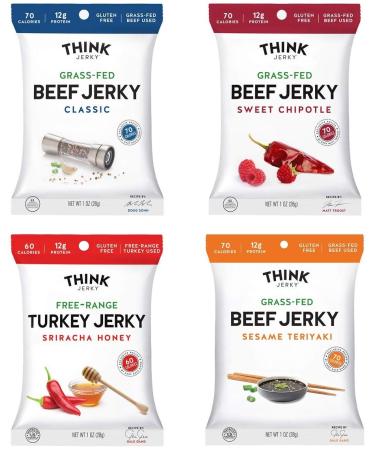 Jerky Variety Pack by Think Jerky  Delicious Chef Crafted Jerky  100% All-Natural Grass-Fed Beef and Free-Range Turkey  Healthy Protein Snack Low in Calories, Salt and Fat  1 Ounce (8 Pack) Jerky Variety Pack 1 Count (