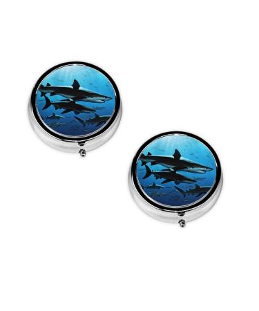 (Hammerhead Sharks) Round Pill Box 3 Compartment Pill Box Mini Decorative Pocket Purse Portable Travel Medicine Tablet Vitamin Holder Organizer Pill Case Black