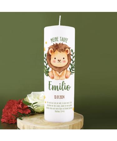 Striefchen Personalized Lion Baptism Candle - 250/80 mm with Custom Name Date & Animal Motifs for International Shipping - Buy Online on GoSupps.com