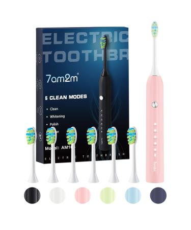 7AM2M Sonic Electric Toothbrush for Adults and Kids One Charge for 90 Days with 6 Brush Heads 5 Modes with 2 Minutes Build in Smart Timer Roman Column Handle Design (Pink) Pink No Travel Case