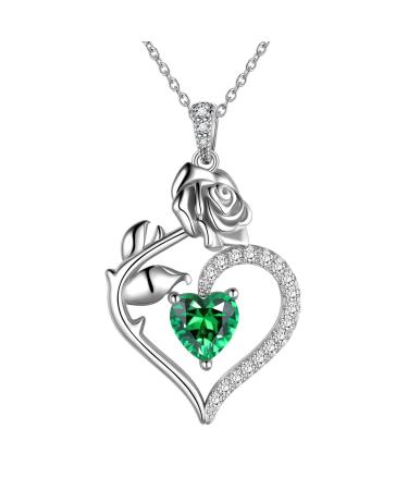 Cute Cat Necklace with Sparkling Zirconia Crystal Birthstone Pendant Necklace for Girls Womens White Gold Over 925 Sterling Silver Animal Necklace Birthstone Jewelry Sweet Present Girlfriend Sisters E May - Emerald