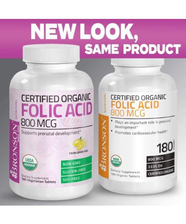 Bronson Organic Folic Acid 800mcg - Natural Folate from Lemon Peel - 180 Tablets - Buy Online on GoSupps.com