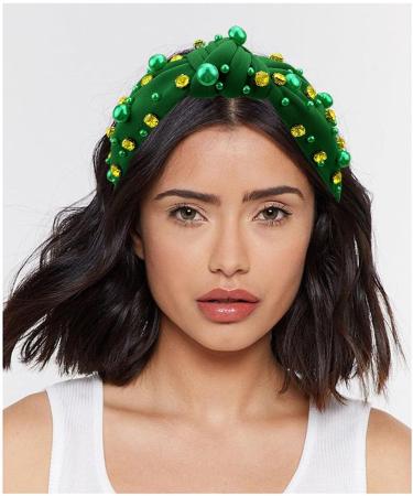 Green Vintage Rhinestone Pearl Knotted Headband Elastic Fashion Green Wide Headbands St.Patrick's Day Headband for Women Girls Hair Accessories - Buy Online on GoSupps.com