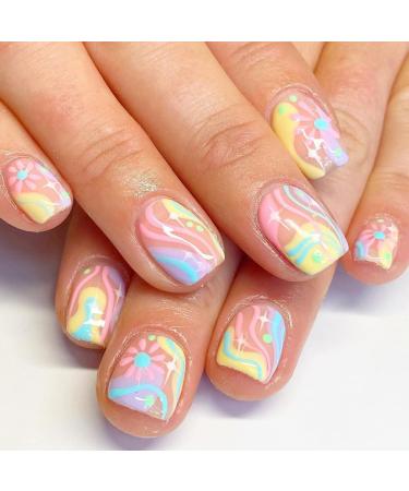 24 Pcs Short Colorful Press on Nalis Square - YIHONGYAN Fake Nails Press ons Arcylic Glossy Full Cover False Nails with Rainbow Color Autumn Glitter Glue on Nails Nail Art Tip for Women Manicure Shine A4