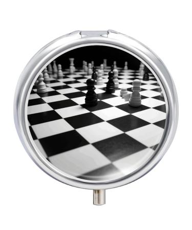 Round Pill Box Black White Chess Checkerboard Print 3 Compartment Medicine Pill Case Print Pill Organizer Decorative Metal Portable Pill Box Pocket Pill Box Style