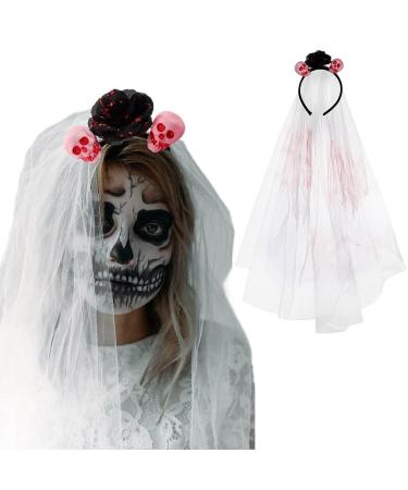 IYOU Halloween Skull Headbands Flower Black Veil Hair Band Bloody Print Cosplay Dress Up Carnival Hair Hoop Accessories for Women and Girls