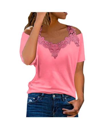 CFDRFGH Summer Trendy Cold Shoulder Tops for Women 2023 Floral Print Casual T-Shirt Vneck Short Sleeve Loose Fit Fashion Tee A2-hot Pink X-Large