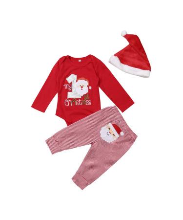 Geagodelia My First Christmas Newborn Toddler Baby Girl Boy Outfit Clothes Long Sleeve Romper Santa Claus Pants Pajamas Set Red With Hat 6-9 Months