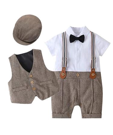Baby Boy Gentlemen Romper Suits Infant Baby Boys' Christening Gowns Clothing Baptism Jumpsuit Bow Tie Waistcoat with Hat Birthday Wedding Outfits Brown 3-6 Months