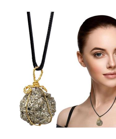 Pyrite Pendant Necklace - Gold Wire Wrap Rough Pyrite Pendants - Regular Handmade Healing Crystal Necklace with Black Macrame Cord Yechun