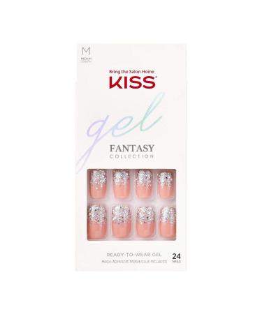 KISS Gel Fantasy Ready-to-Wear Press-On/Glue-On Gel Nails  Style  Warning Sign   Medium Length Gel Nail Kit with 24 Mega Adhesive Tabs  Pink Gel Glue  Manicure Stick  Mini File  and 24 Fake Nails