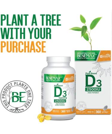 Benemax Vitamin D3 2500 IU For Healthy Bones Teeth and Helps Prevent Vitamin D Deficiency Plant Based & Vegan 360 Day Supply - Buy Online on GoSupps.com