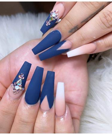 Aksod Matte Crystal Press on Nails Blue Extra Long Coffin Fake Nails 3D Bling Designed Ballerina Nails Tips Ombre Gradient French False Nails Full Cover for Women and Girls 24Pcs