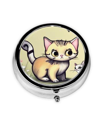 Cat and Butterflyround Pill Box 3 Compartment Round Pill Box Organizer Portable Travel Pill Box for Traveling.