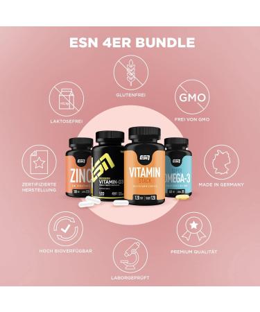 ESN 4-Pack Vitamins & Vital Substances Zinc Omega 3 Vitamin D & Vitamin Stack Capsules for Optimal Health | International Shipping Available - Buy Online on GoSupps.com
