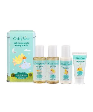 Childs Farm | Baby Little Essentials Money Box Tin | Baby Bedtime Bubbles Baby Moisturiser Baby Wash 50 ml and Nappy Cream 15 ml |Baby Shower Gifts|Suitable for Dry Sensitive and Eczema-Prone Skin Baby Gift